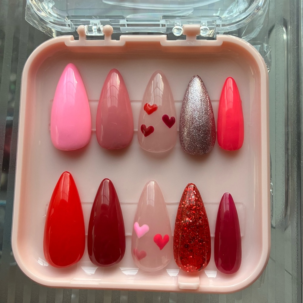 Pink and Reds Press-On Nails- Hand Painted